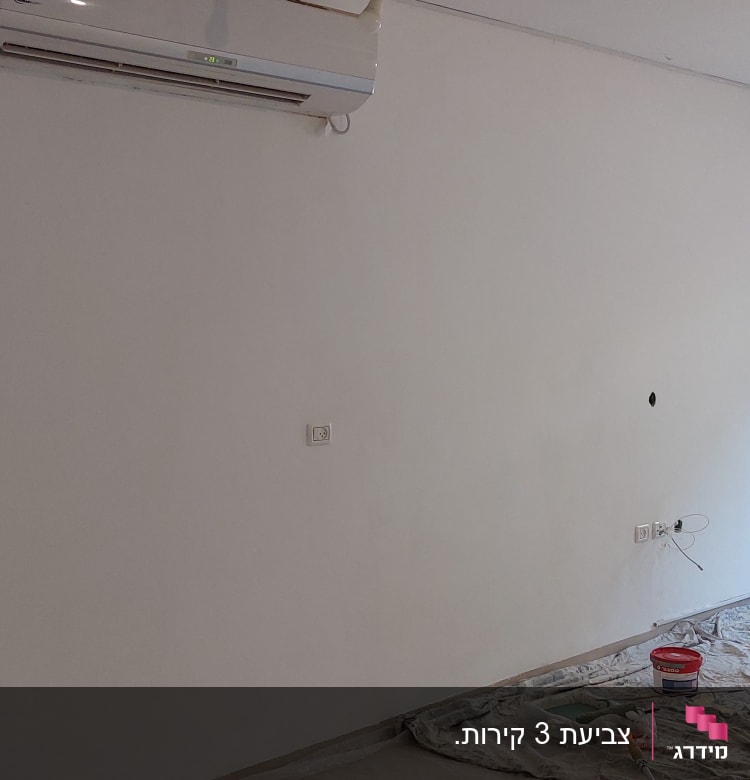 קיר צבוע לבן עם פחיות צבע ומברשת על הרצפה